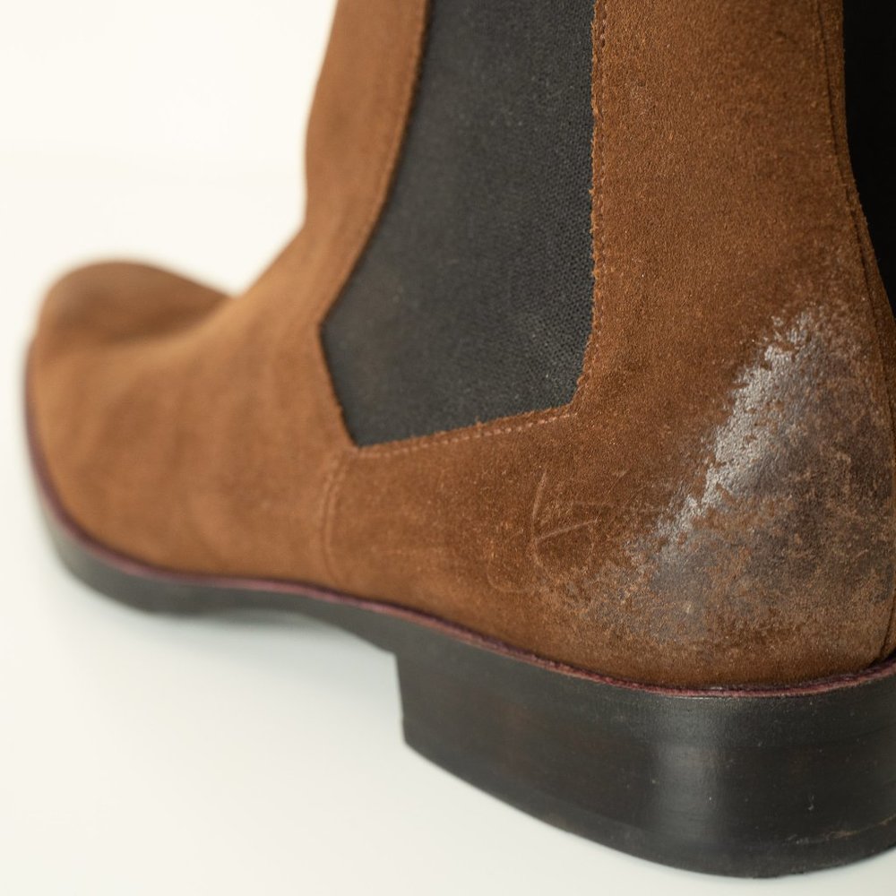 John Fluevog Leather Chelsea Boot Suede Brown Twin Turbine 1224 Start St. - Picture 10 of 16